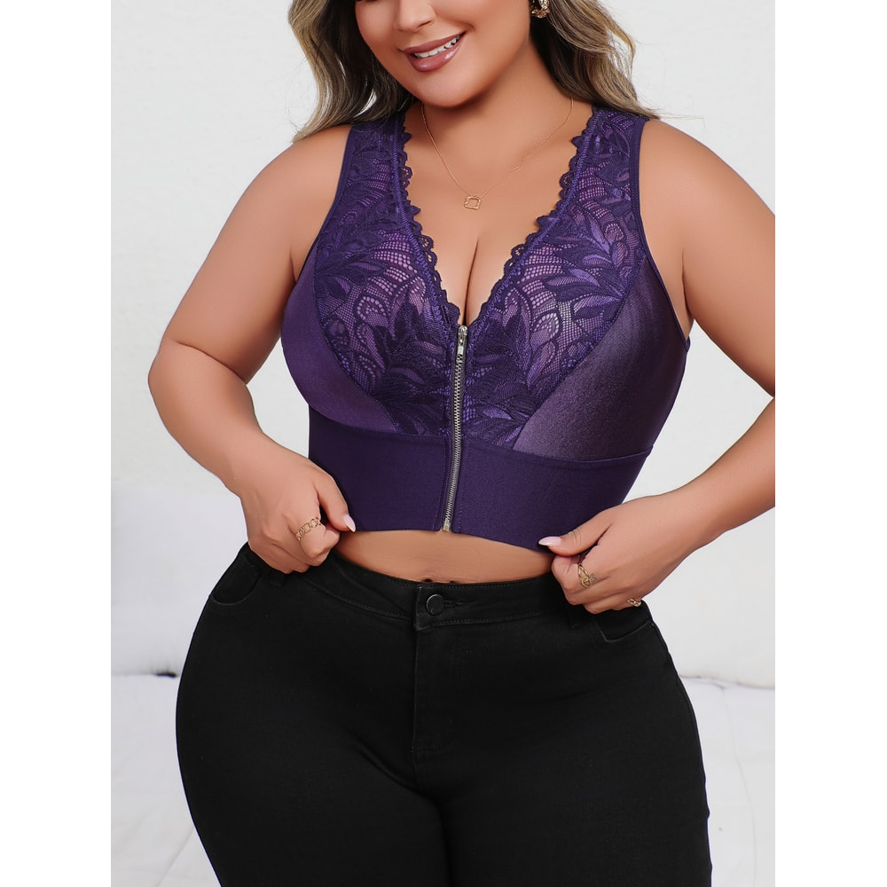 Purple Plus Size Embroidered Front Closure Plunge Push Up Bra