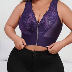 purple plus size embroidered front closure plunge push up bra