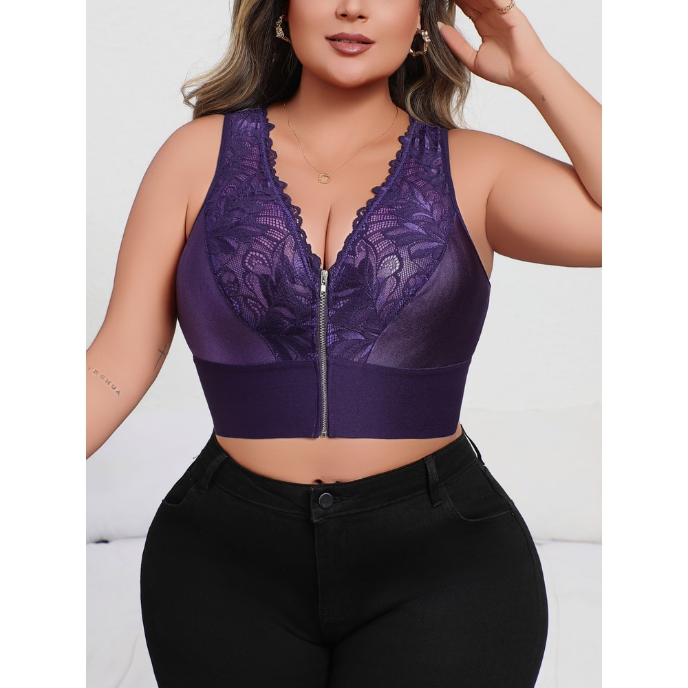 Purple Plus Size Embroidered Front Closure Plunge Push Up Bra