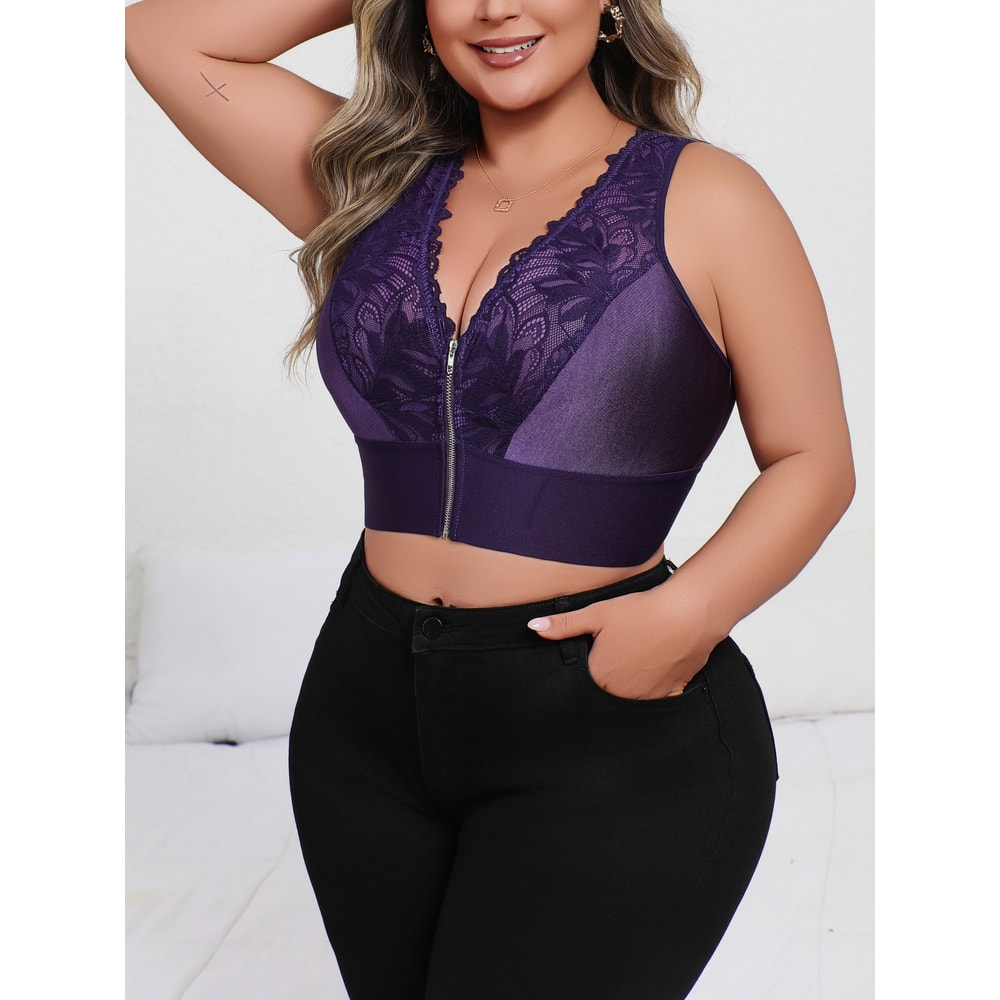 Purple Plus Size Embroidered Front Closure Plunge Push Up Bra