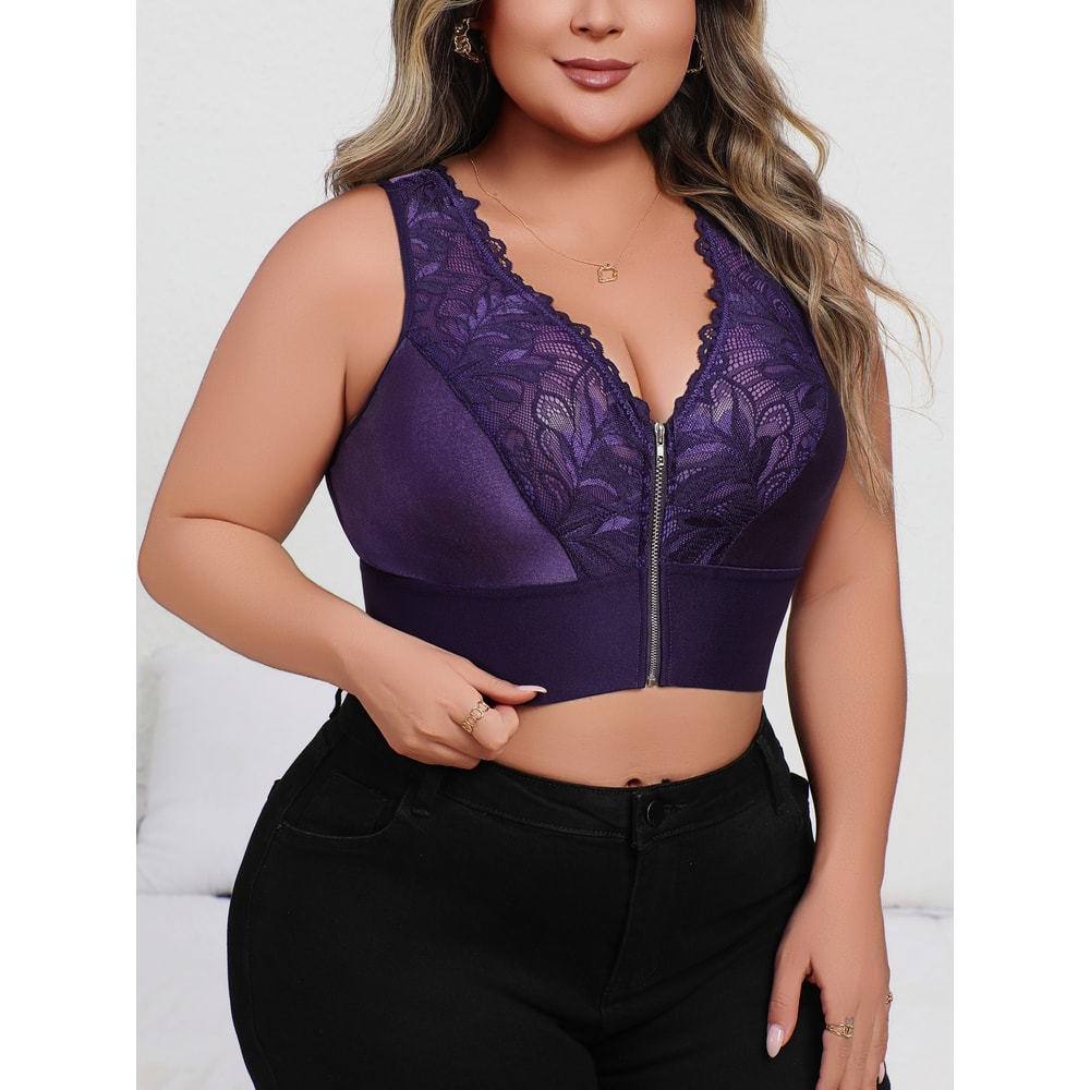 Purple Plus Size Embroidered Front Closure Plunge Push Up Bra