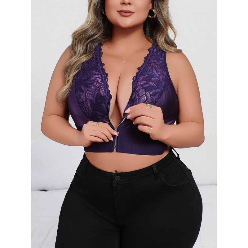 Purple Plus Size Embroidered Front Closure Plunge Push Up Bra