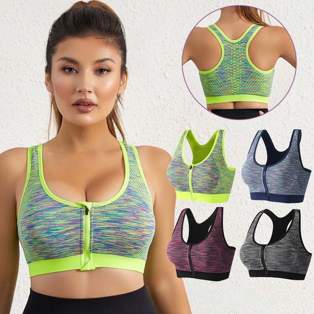 Womens Zip Front High Impact Sports Bra – Padded Support Racerback Workout & Gym Fitness Top