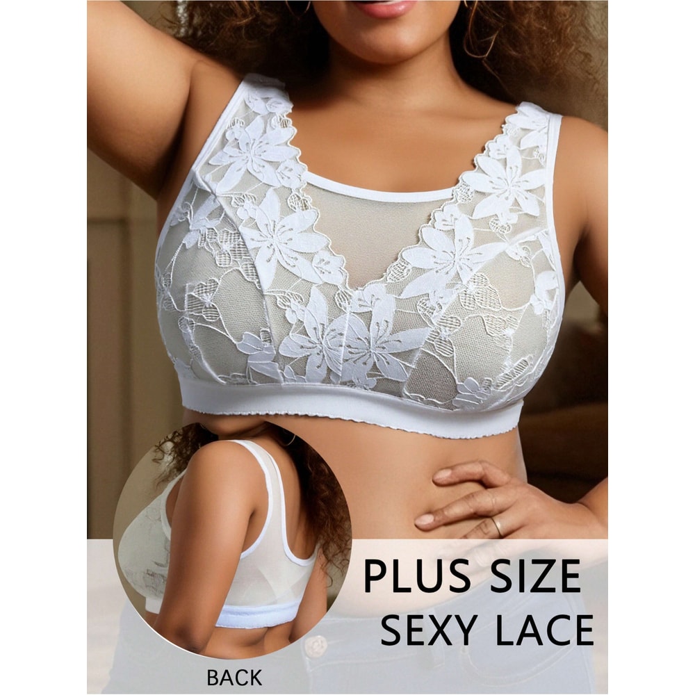 Plus Size Floral Lace Wireless Comfort Bralette – Breathable Wide Strap Lounge & Sleep