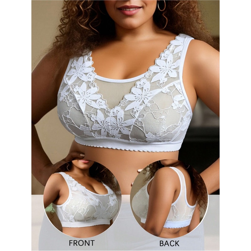Plus Size Floral Lace Wireless Comfort Bralette – Breathable Wide Strap Lounge & Sleep