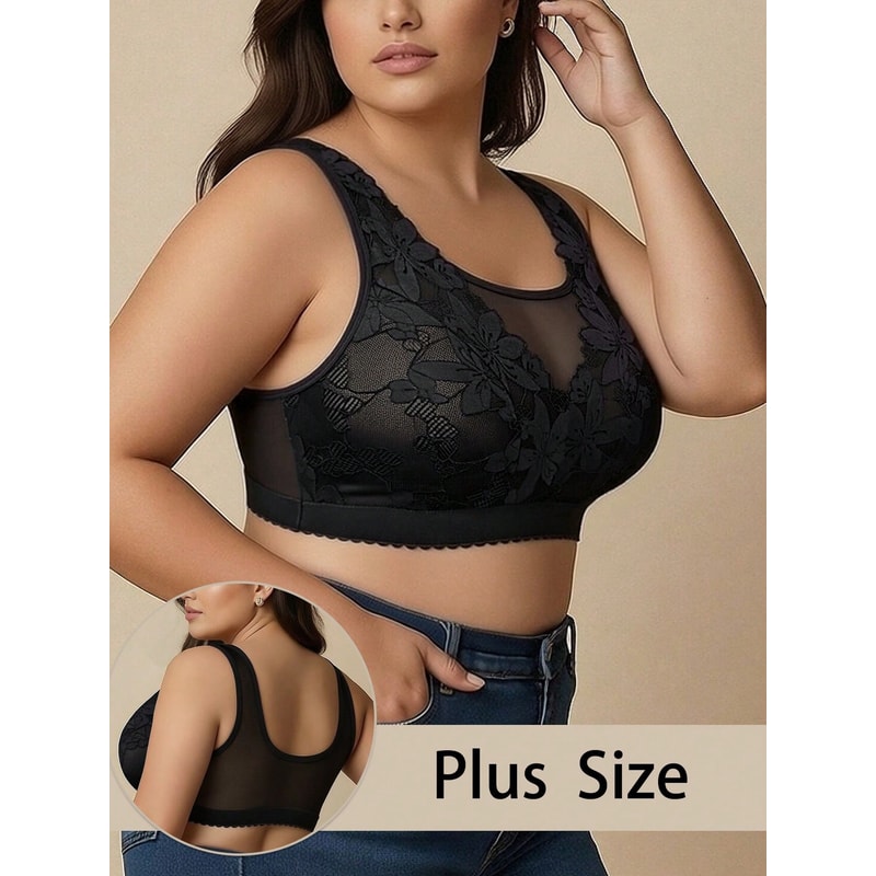 Plus Size Floral Lace Wireless Comfort Bralette – Breathable Wide Strap Lounge & Sleep