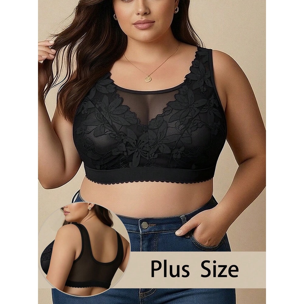 Plus Size Floral Lace Wireless Comfort Bralette – Breathable Wide Strap Lounge & Sleep