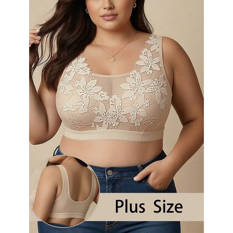 Plus Size Floral Lace Wireless Comfort Bralette – Breathable Wide Strap Lounge & Sleep