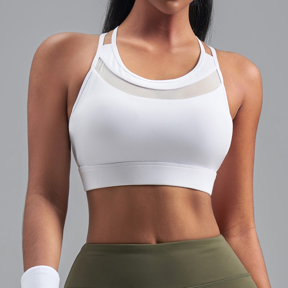 Premium Strappy Back Mesh Sports Bra Breathable Workout Supportive Yoga Crop Top For Women 5