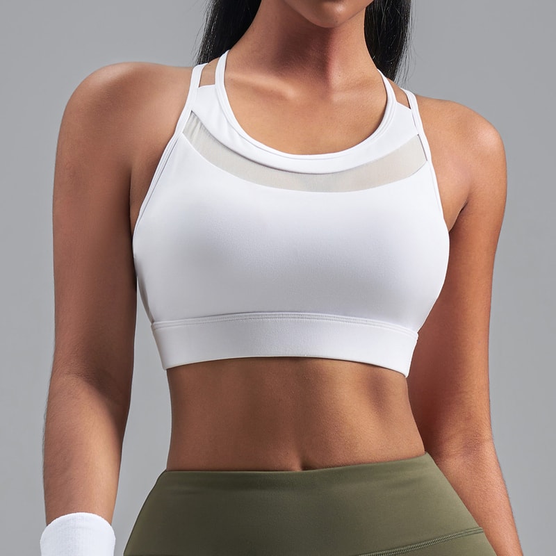 Premium Strappy Back Mesh Sports Bra Breathable Workout Supportive Yoga Crop Top For Women 5