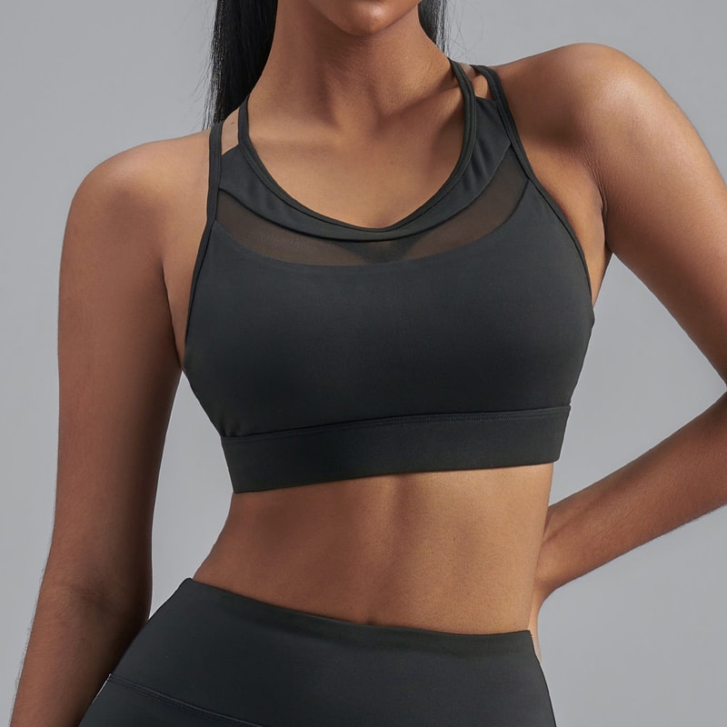 Premium Strappy Back Mesh Sports Bra Breathable Workout Supportive Yoga Crop Top For Women 6