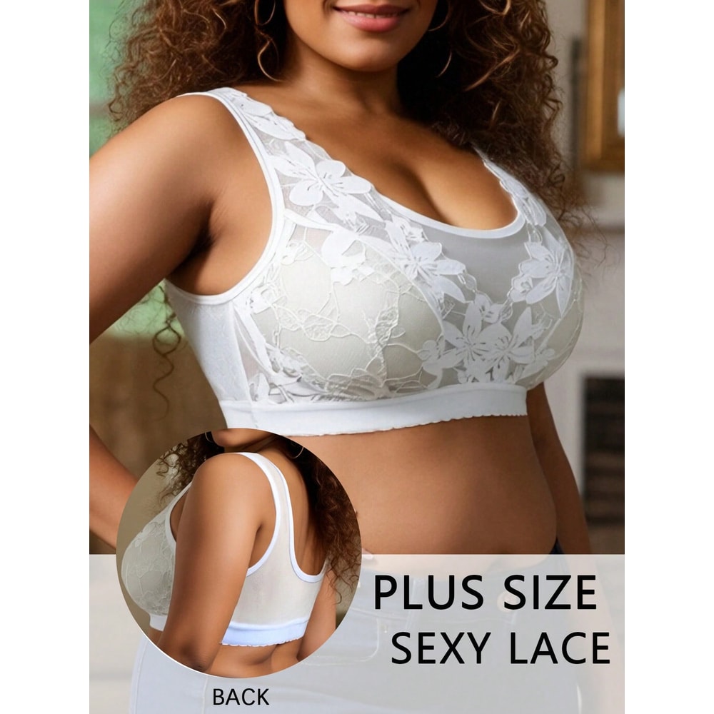 ComfortCurve Plus Size White Floral Lace Bralette Wireless Comfort Breathable Wide Strap Support 1