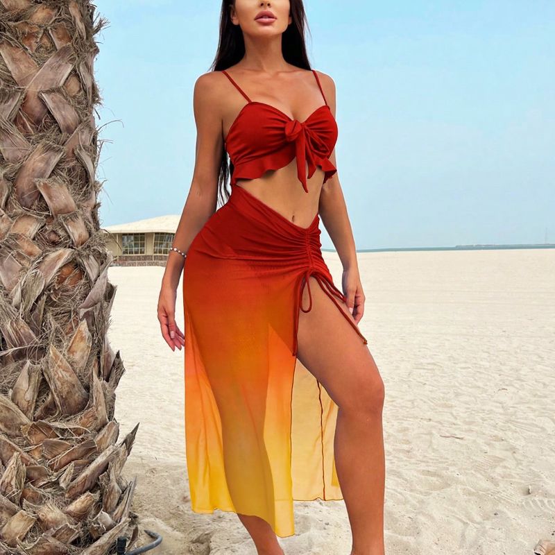 Gradient Mesh Bikini Three Piece Swimsuit Beach Cover Ups Set For Women 5