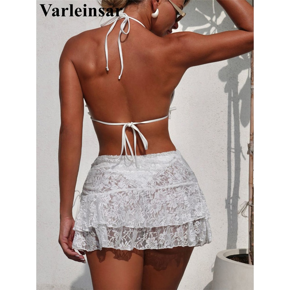 Womens Ruffled Halter Three Piece Bikini Set Stylish Beachwear Swimwear