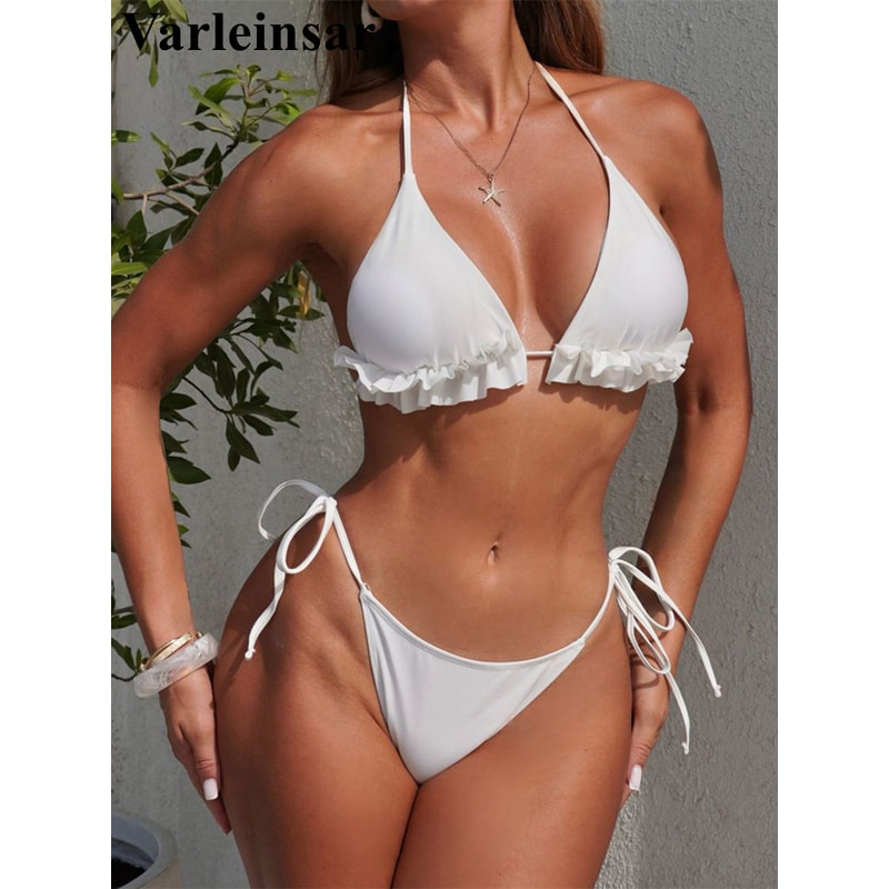 Womens Ruffled Halter Three Piece Bikini Set Stylish Beachwear Swimwear
