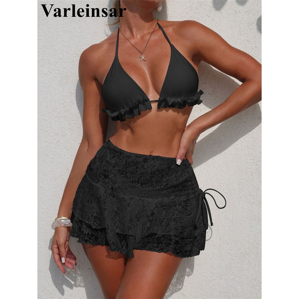Womens Ruffled Halter Three Piece Bikini Set Stylish Beachwear Swimwear