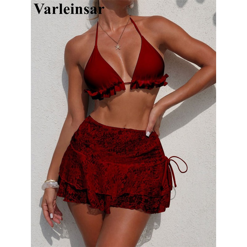 Womens Ruffled Halter Three Piece Bikini Set Stylish Beachwear Swimwear