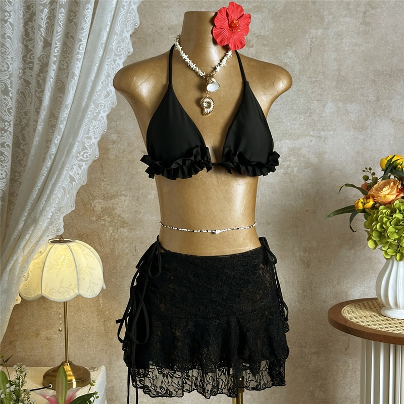Womens Ruffled Halter Three Piece Bikini Set Stylish Beachwear Swimwear
