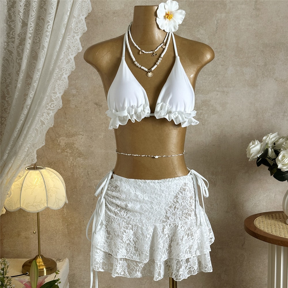 Womens Ruffled Halter Three Piece Bikini Set Stylish Beachwear Swimwear
