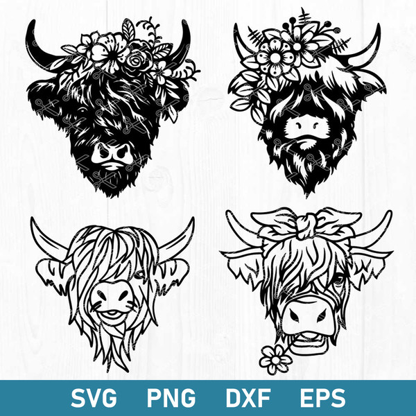 Cow Bundle Svg, Highland Cow Svg, Highland Heifer Svg, Cow With Flower Svg, Png Dxf Eps File.jpg