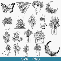 Flower Bundle Svg, Floral Moon Svg, Flower Butterfly Svg, Wildflower Svg, Bouquet Svg, Png Digital File