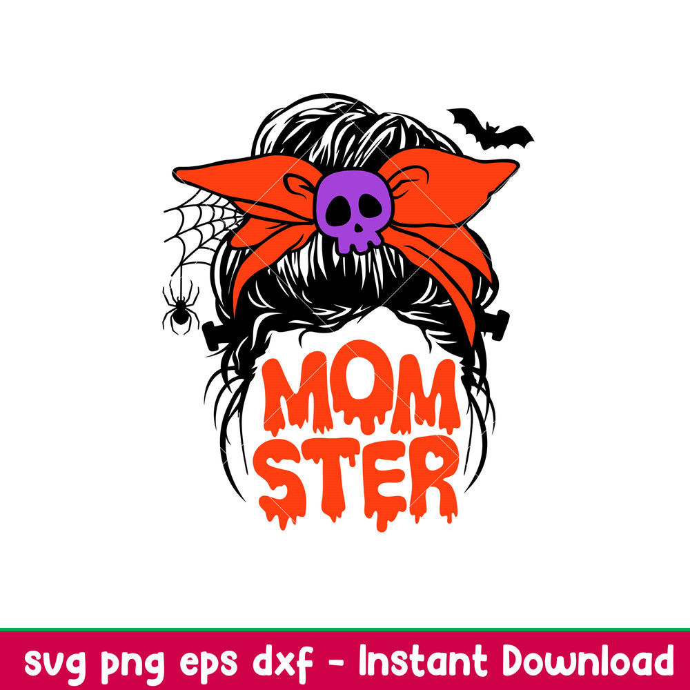 Momster Messy Bun 1, Momster Svg, Messy Bun Hair Svg, Halloween Mom Svg, Mom Skull Svg, png,dxf,eps file.jpeg