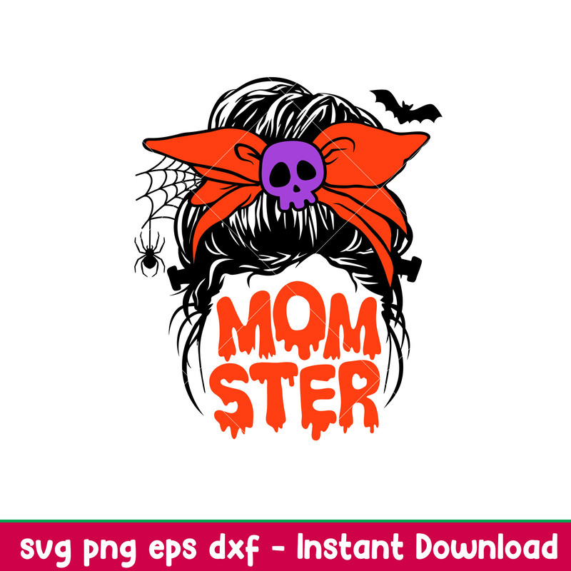 Momster Messy Bun 1, Momster Svg, Messy Bun Hair Svg, Halloween Mom Svg, Mom Skull Svg, png,dxf,eps file.jpeg