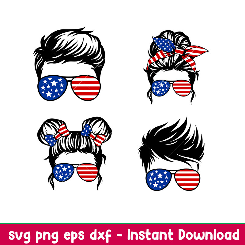 USA Fam Life Bundle, USA Fam Life Bundle Svg, Messy Bun Hair Svg, American Mom Life Svg, Dad Life Svg, Boy Girl Svg, 4th of July Svg, png,dxf,eps file.jpeg