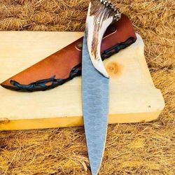 Damascus Knife" Hunting-knife-with sheath"fixed-blade-Camping-knife, skinner knife, Handmade-Knives, Cow boy knife, .