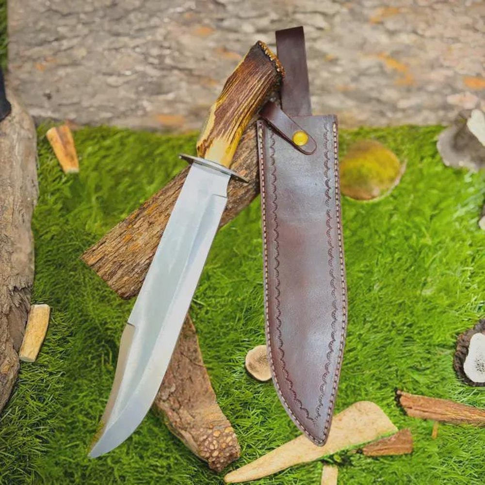 Custom D2 Steel Bowie Hunting Knife Stag Antler Handle Outdoor Collector Gift 0