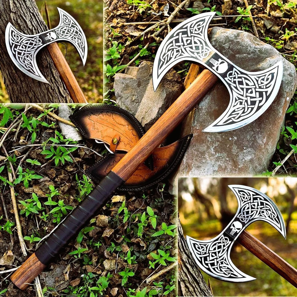 Hand Forged Double Bit Viking Axe Carbon Steel Blade Leather Sheath Collector Gift 2