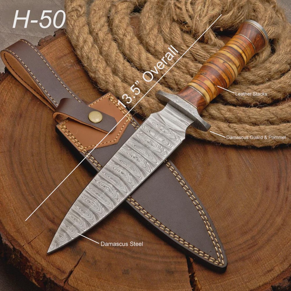 Custom Damascus Steel Dagger Hunting Knife Leather Handle With Sheath Collector Gift 0