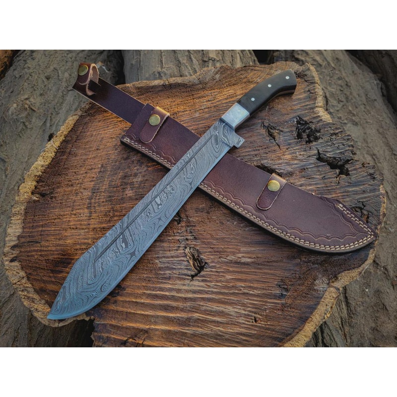 Custom Damascus Steel Machete Wood Handle Fixed Blade With Leather Sheath 1