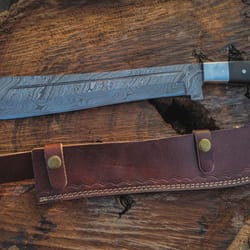custom damascus steel machete wood handle fixed blade with leather sheath