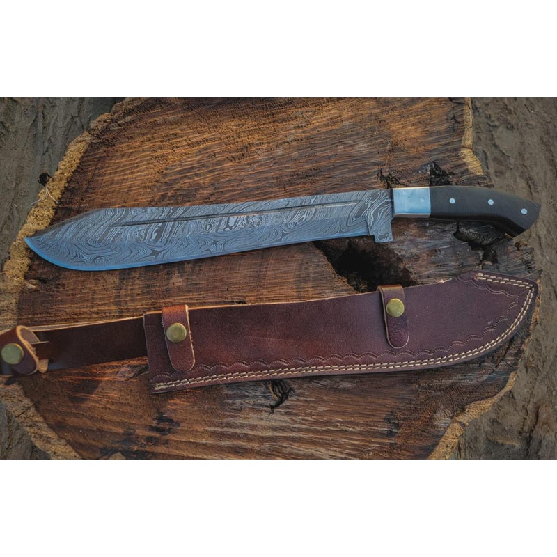 Custom Damascus Steel Machete Wood Handle Fixed Blade With Leather Sheath 0