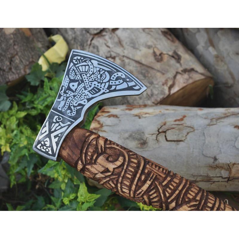 Handmade Engraved High Carbon Viking Axe Hatchet Leather Sheath Norse Gift For Men Norse Axe 3
