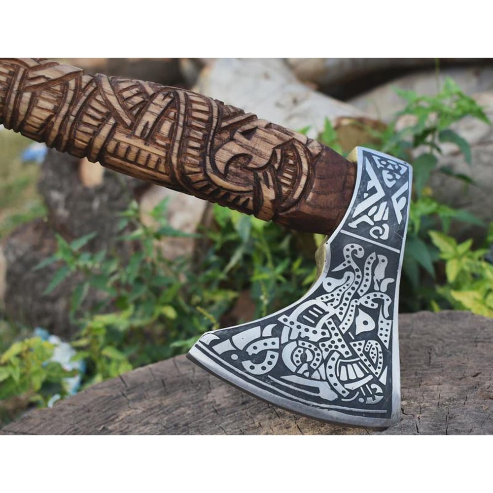 Handmade Engraved High Carbon Viking Axe Hatchet Leather Sheath Norse Gift For Men Norse Axe 4