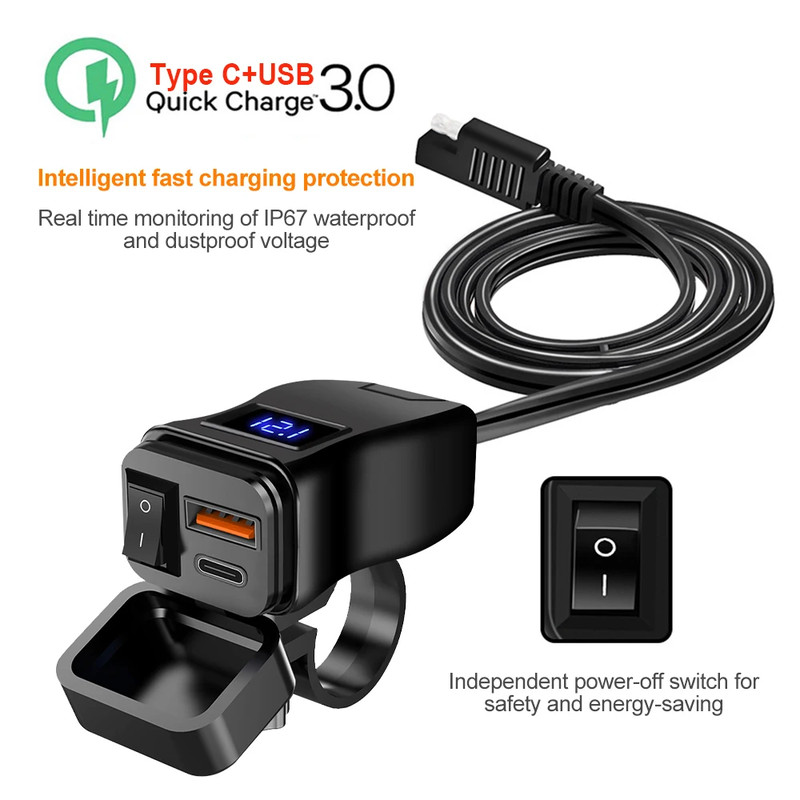 Handlebar Dual USB Socket with Switch Voltmeter, Motorcycle USB Fast Charger, Waterproof 12V Power Supply Adapter
