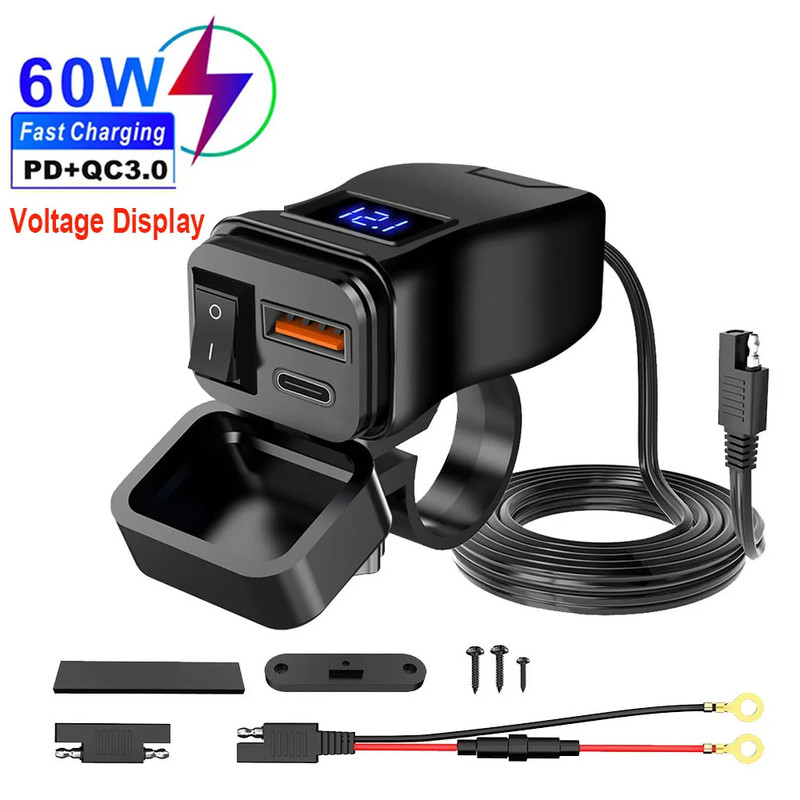 Handlebar Dual USB Socket with Switch Voltmeter, Motorcycle USB Fast Charger, Waterproof 12V Power Supply Adapter