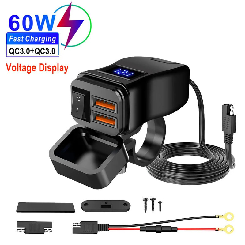 Handlebar Dual USB Socket with Switch Voltmeter, Motorcycle USB Fast Charger, Waterproof 12V Power Supply Adapter