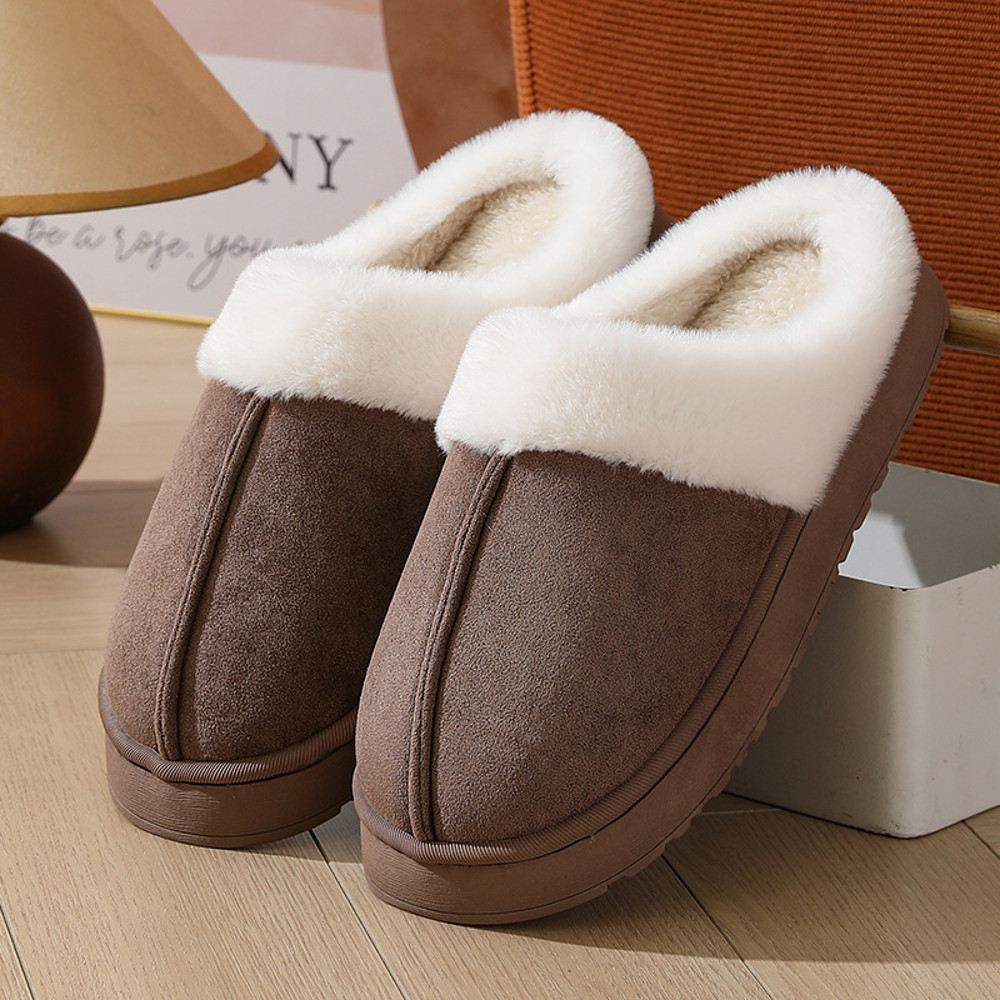 Thick sole non-slip fur flip flops with fur collar, women's plush slippers winter outdoor, warm unisex house shoes
