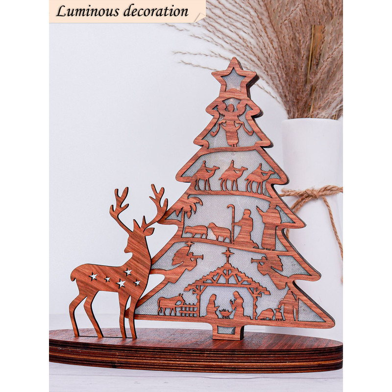 Christmas Tree Shape Luminous Wooden Nativity Scene Ornaments Elk Christmas Decorations Ornaments P 0