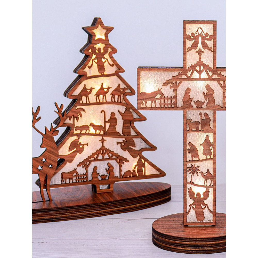 Christmas Tree Shape Luminous Wooden Nativity Scene Ornaments Elk Christmas Decorations Ornaments P 1