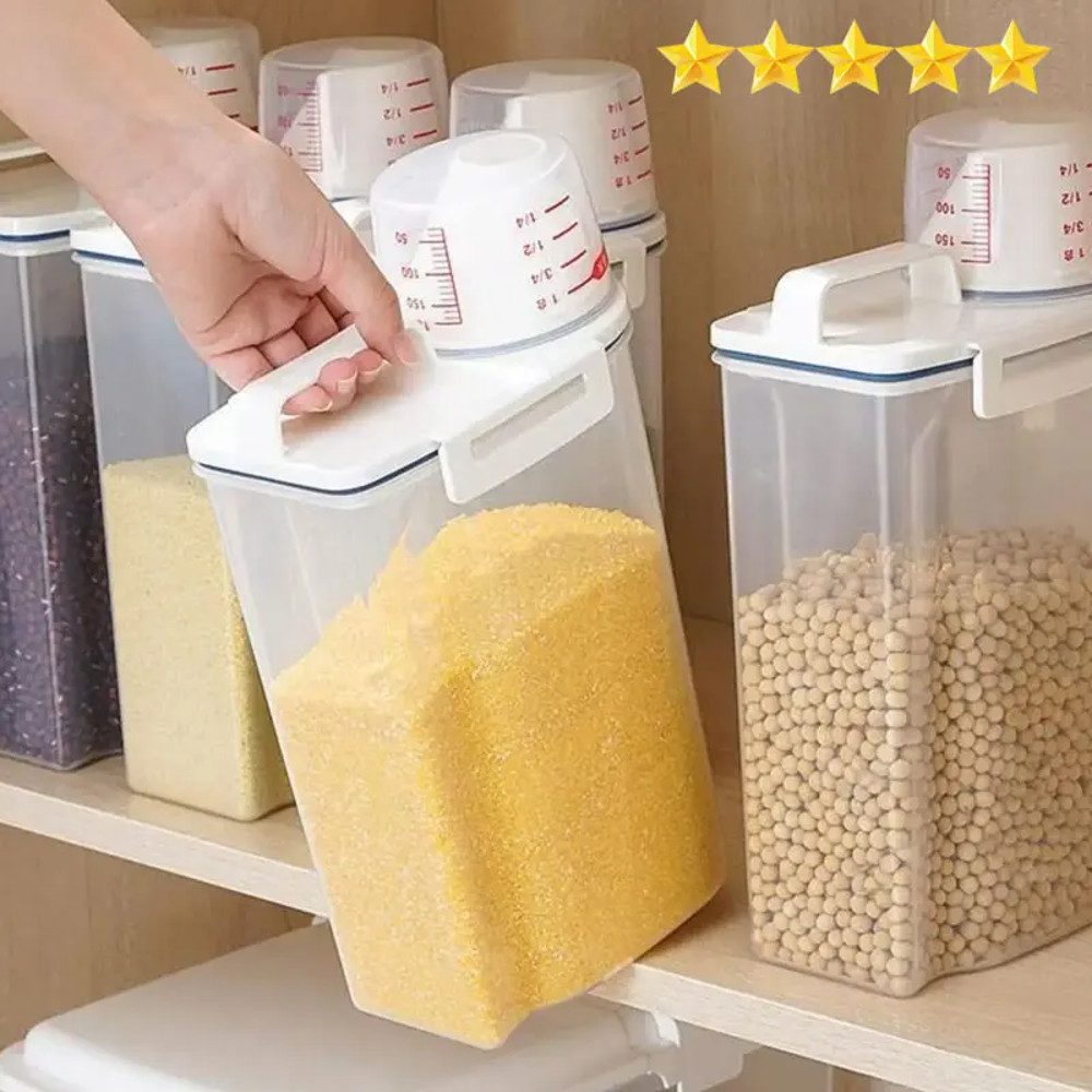 Kitchen Food Storage Canister with Measuring Cup, Moisture Proof Rice and Grains Container, Dust Proof Organizer