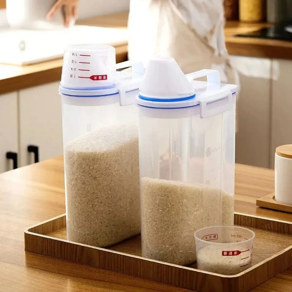 Kitchen Food Storage Canister with Measuring Cup, Moisture Proof Rice and Grains Container, Dust Proof Organizer