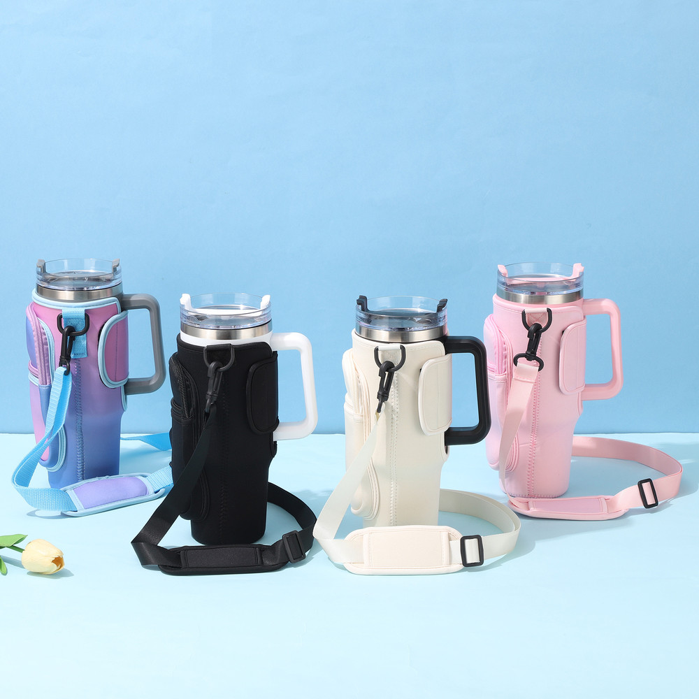 Large-Capacity CarCup Sleeves, Diving Fabric Ice Cup Sleeves, Handle Sleeves with Slanted Shoulder Straps, Availabl