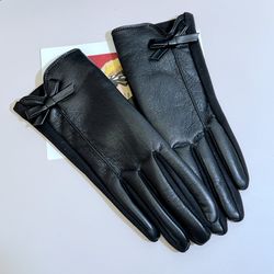 womens winter leather gloves, touchscreen texting, warm driving leather gloves, bow style for outdoor