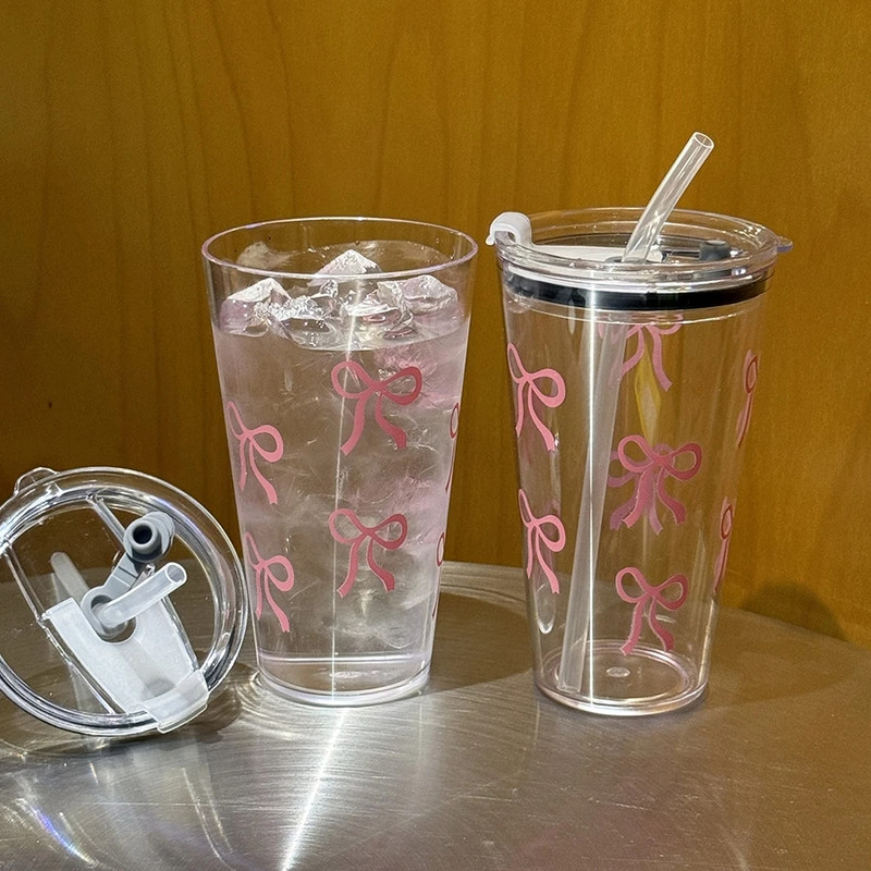 Pink Bow Plastic Cup, Transparent Milk Coffee Mug, Travel Outdoor Water Drinking Cup, Kitchen Water Cups with Straw
