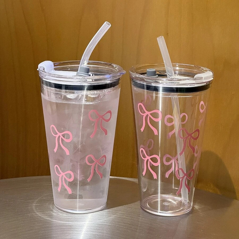 Pink Bow Plastic Cup, Transparent Milk Coffee Mug, Travel Outdoor Water Drinking Cup, Kitchen Water Cups with Straw