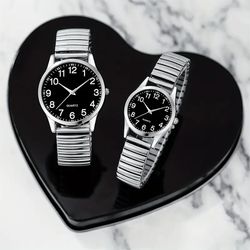 black alloy arabic numerals watch set, elastic band quartz lovers watch gift set for men and women